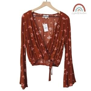 New! Bohemian Gypsy Faux Wrap Bell Sleeve Rust Floral Top Blouse